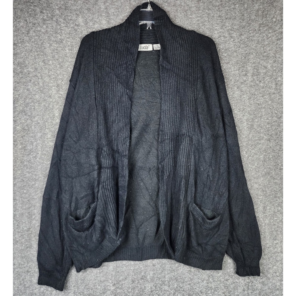 Lucia Cardigan Women M Open Front Shawl Collar Black Silk Angora Blend EUC